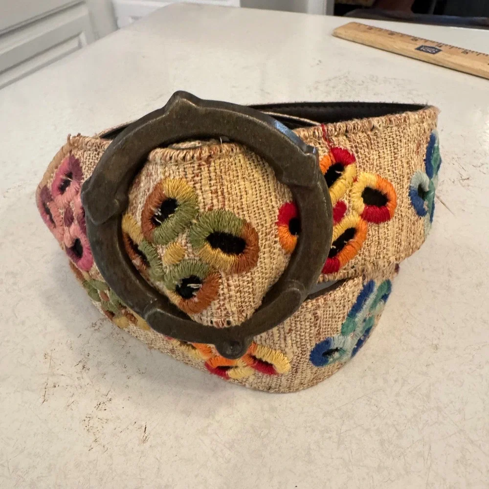 Embroidered Burlap Boho Belt Womens Small Beige Multicolor Floral Round Buckle